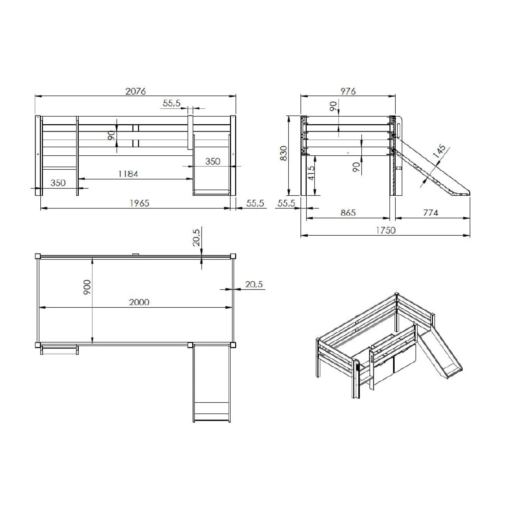 Halfhoogslaper Charlie Wit Grenen 90×200 cm – Met ladder en glijbaan